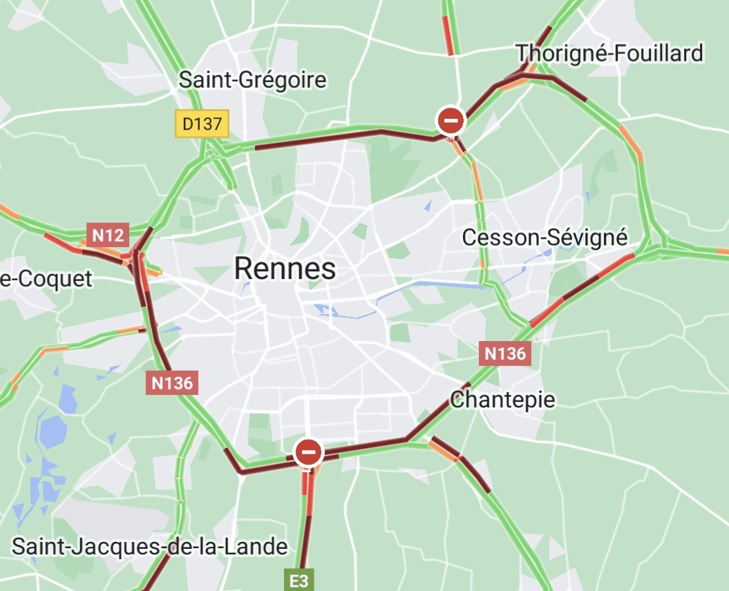À 8h, on approche déjà des 20 kilomètres de bouchons en cumulé sur les routes de Rennes en raison des blocages #greve28mars