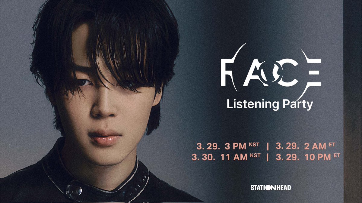 Join the Jimin 'FACE' Listening Party on @Stationhead! 

🗓️Mar 29, 2am ET | Mar 29, 3pm KST
🗓️Mar 29, 10pm ET | Mar 30, 11am KST
👉 stationhead.com/btsofficial

*Stationhead log-in & Connect to Spotify or Apple Music account required.