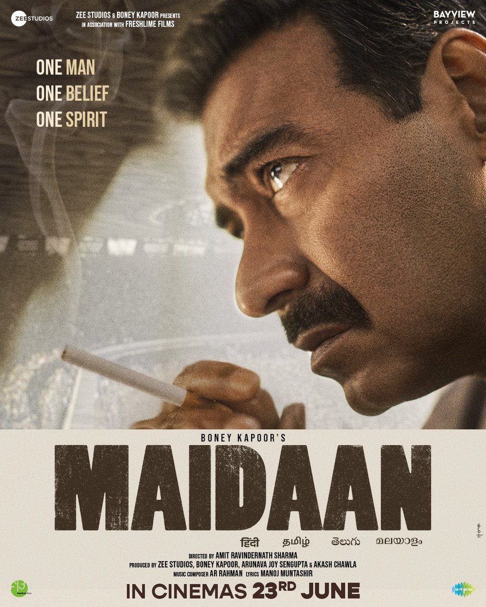 New poster for #Maidaan, directed by Amit Ravindernath Sharma, starring #AjayDevgn, #Priyamani and #GajrajRao with music by #ARRahman. Releasing on 23 June in Hindi, Tamil, Telugu and Malayalam. Teaser out on 30 March.