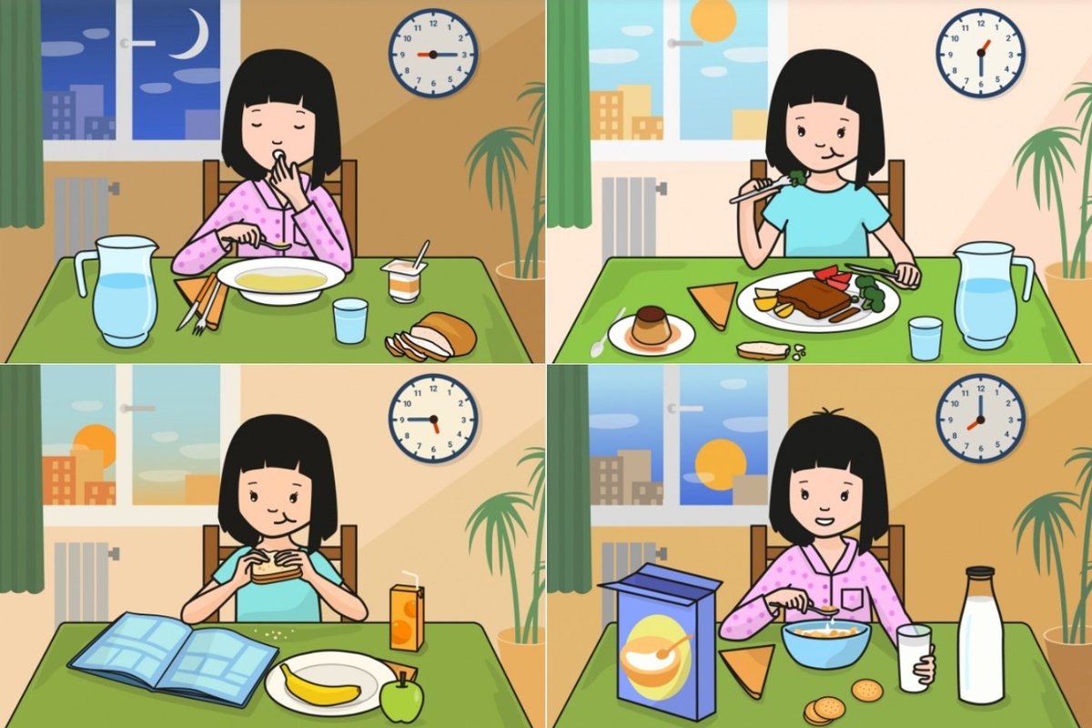 Colección de láminas que muestran las cuatro principales comidas en las que dividimos el día: desayuno, comida, merienda y cena. En ellas encontraremos las acciones y las comidas que corresponden a cada hora del día. 🟠 Las puedes encontrar en mtr.cool/wdbhowlgxb