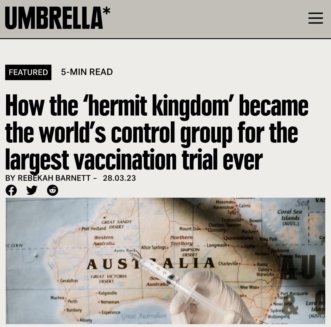 🧵1/ 'How the ‘hermit kingdom’ became the world’s control group for the largest vaccination trial ever'

Western Australia in 2021: 
- No Covid in the community
 - 90% vaccination rate (age 12+)
- The cleanest Covid vaccine safety data in the world umbrellanews.com.au/featured/2023/…