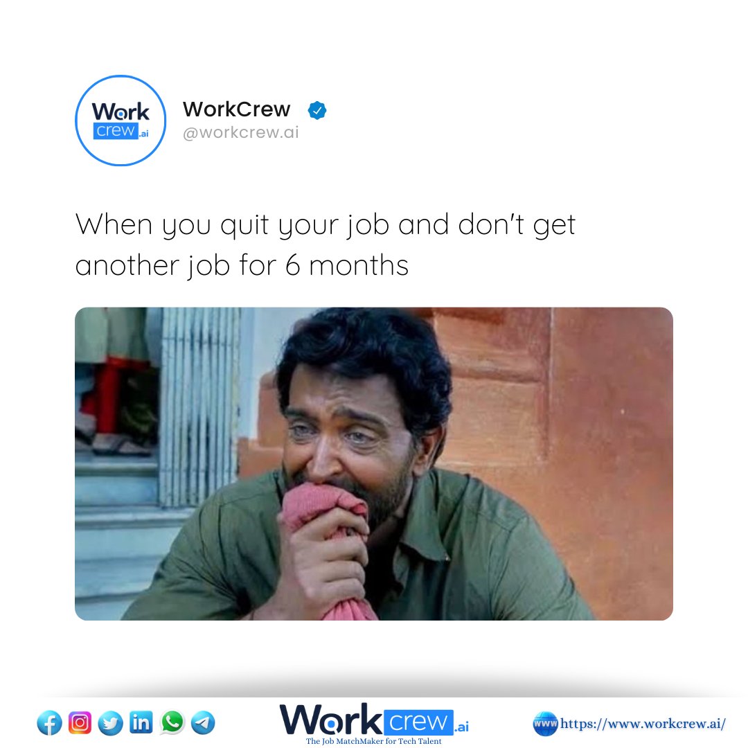 When you quit your job and don't get another job for 6 months 🥺

We are here for you, hiring 😎

😎 Follow us for daily job updates!

👇 Apply Here or Get more details:
💻 workcrew.ai

#noticeperiod #meme #memes #hr #funny #hrithikroshan #appraisal