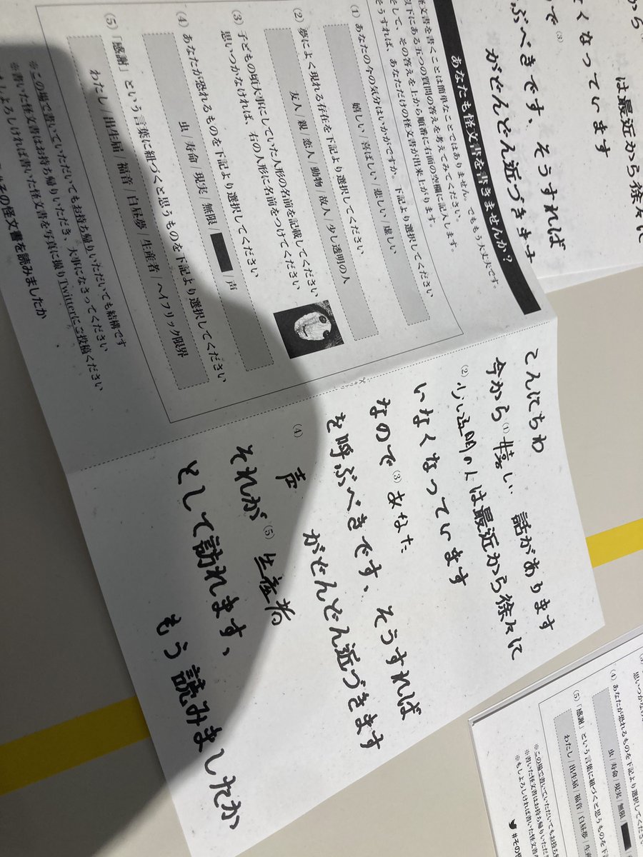 現在開催中の『#その怪文書を読みましたか 』へ行ってきました。
会場一面に展示された怪文書を読めるだけでも嬉しいのに、要素を繋ぎ合わせて怪文書やこの展示の意味を考えたら"体験できる不穏"から"体験させられる不穏"にいつの間にか変貌を遂げているのに気付いた時の気味悪さは至高でした
皆も是非 