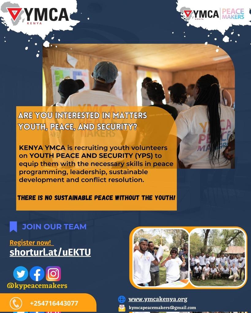 #Youth are the most crucial drivers towards Sustainable Peace. 
Join Kenya #ymca #peacemakers as we empower youth towards #sustainablepeace 
Register via the link:  shorturl.at/uEKTU