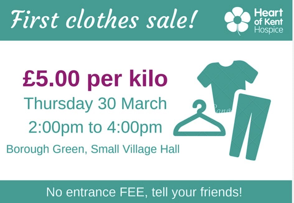 This Thursday the Heart of Kent Hospice shop based in #boroughgreen #kent are holding their first clothes sale!
Come and find us in the village hall.

Mens clothing  
Ladies clothing 
Baby and children’s clothing

Pay just £5 per kilo of clothes!!

Please spread the word &amp; RT ❤️