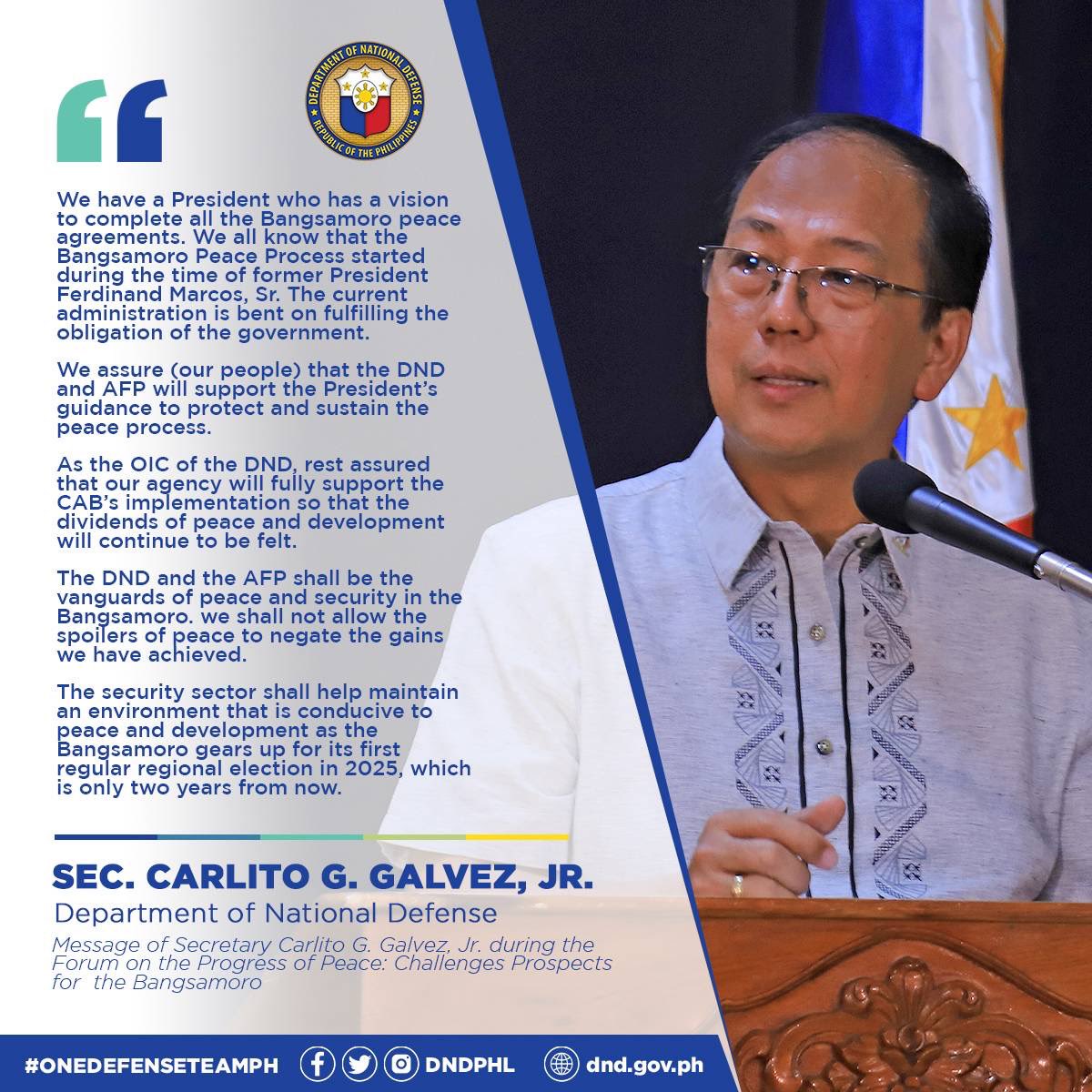dndphl's tweet photo. Message of the OIC, DND during the Forum on the Progress of Peace: Challenges and Prospects for the Bangsamoro, in celebration of the ninth anniversary of the signing of the Comprehensive Agreement on the Bangsamoro
#OneDefenseTeamPH🇵🇭 https://t.co/vDE9hsxVQC