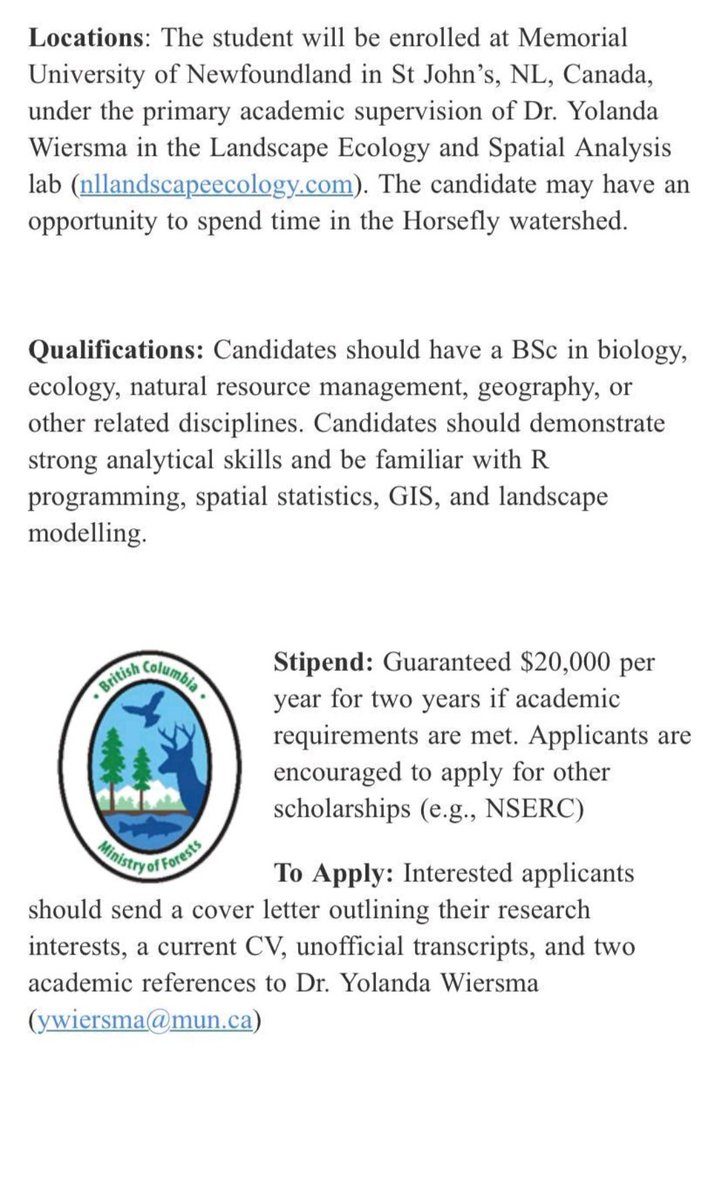 Fully-Funded MSc Position at Memorial University, Canada for students with background in Biology, Ecology, Geography, Zoology, Wildlife, Climate change, (bio)statistics, and related fields.

Email: ywiersma@mun.ca

nllandscapeecology.com

nllandscapeecology.com/contact-inform…