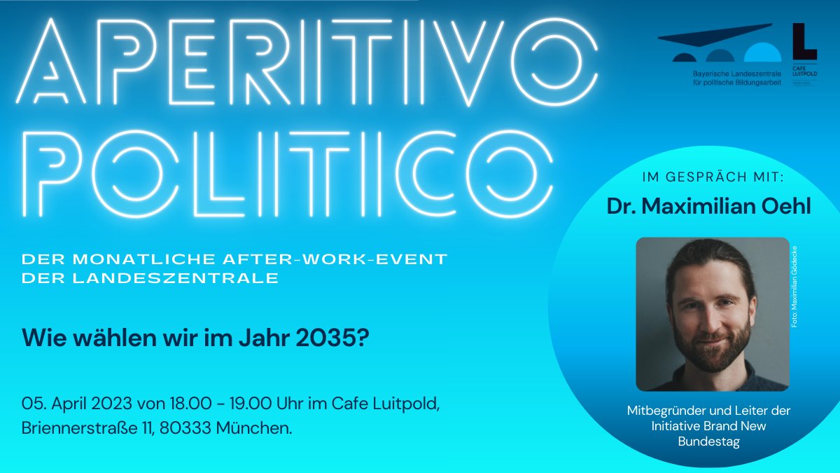 Wie wählen wir im Jahr 2035? Welche Reformen sind wirklich nötig? Braucht es noch Parteien, wie wir sie derzeit kennen? Diese und weitere Fragen werden wir am 05. April von 18-19h beim Aperitivo mit <a href="/max_oehl/">Max Oehl</a> von <a href="/BNBundestag/">Brand New Bundestag</a> diskutieren. Anmeldung unter: eveeno.com/aperitivo-poli…