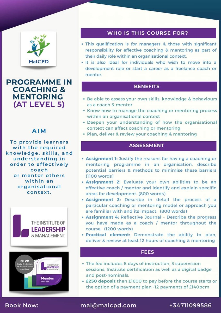 The Professional Coaching & Mentoring at Level 5 is ideal if you want to develop your leadership skills or considering building your own coaching practice. You will: 🌟Practice 🌟Reflect 🌟Develop 🌟Connect Online & accredited by the @InstituteLM Contact: mal@malcpd.com