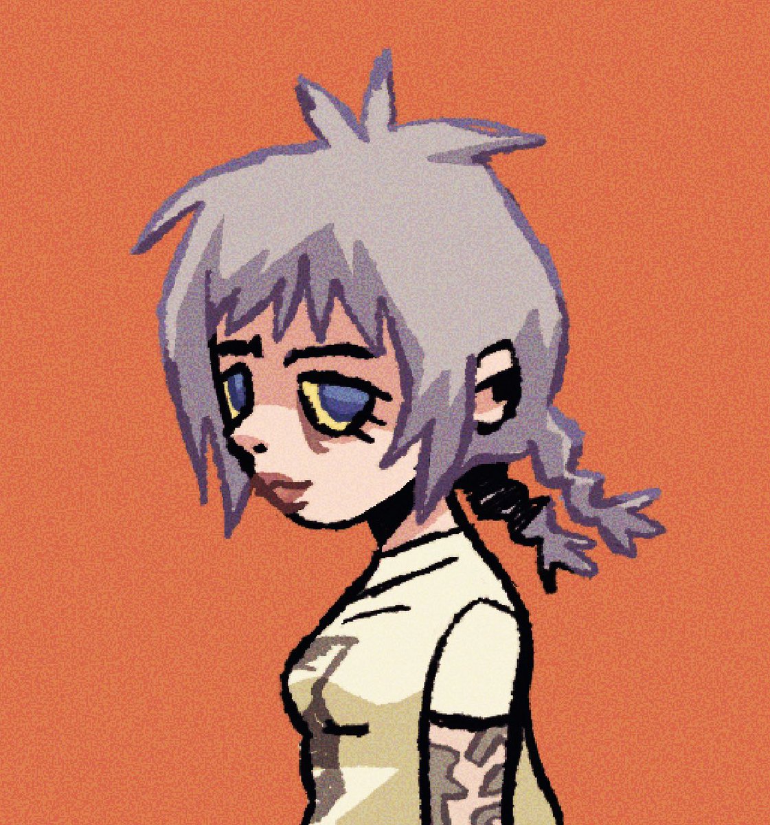 1girl solo braid simple background orange background shirt tattoo  illustration images