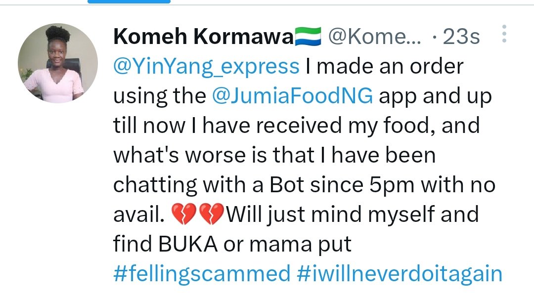 Komeh86's tweet photo. @JumiaFoodNG your bots on the chat platform couldn't help with my failed delivery @YinYang_express , payment made and all. 💔 . https://t.co/BNUaDaseL7