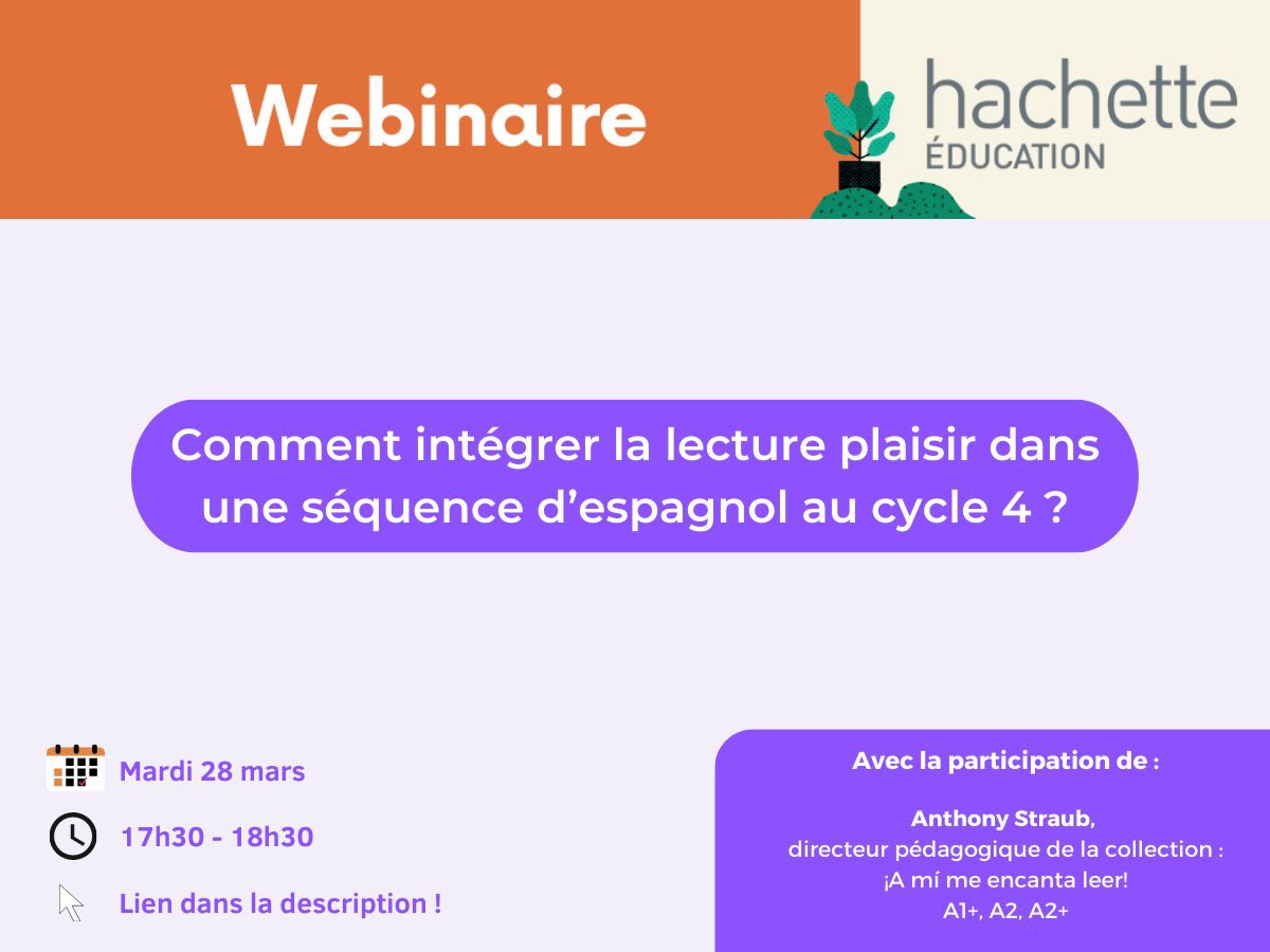 HispaFormation's tweet photo. [WEBINAIRE - Espagnol  collège] 

Comment intégrer la lecture plaisir dans une séquence d’espagnol au cycle 4 ? Rejoignez notre webinaire sur Teams avec @Anthony_Straub_, ce soir à 17h30 !
👉 Vous pouvez rejoindre le webinaire à partir du lien suivant : https://t.co/qcGIA1ca7Z https://t.co/E9aMTz6tdE