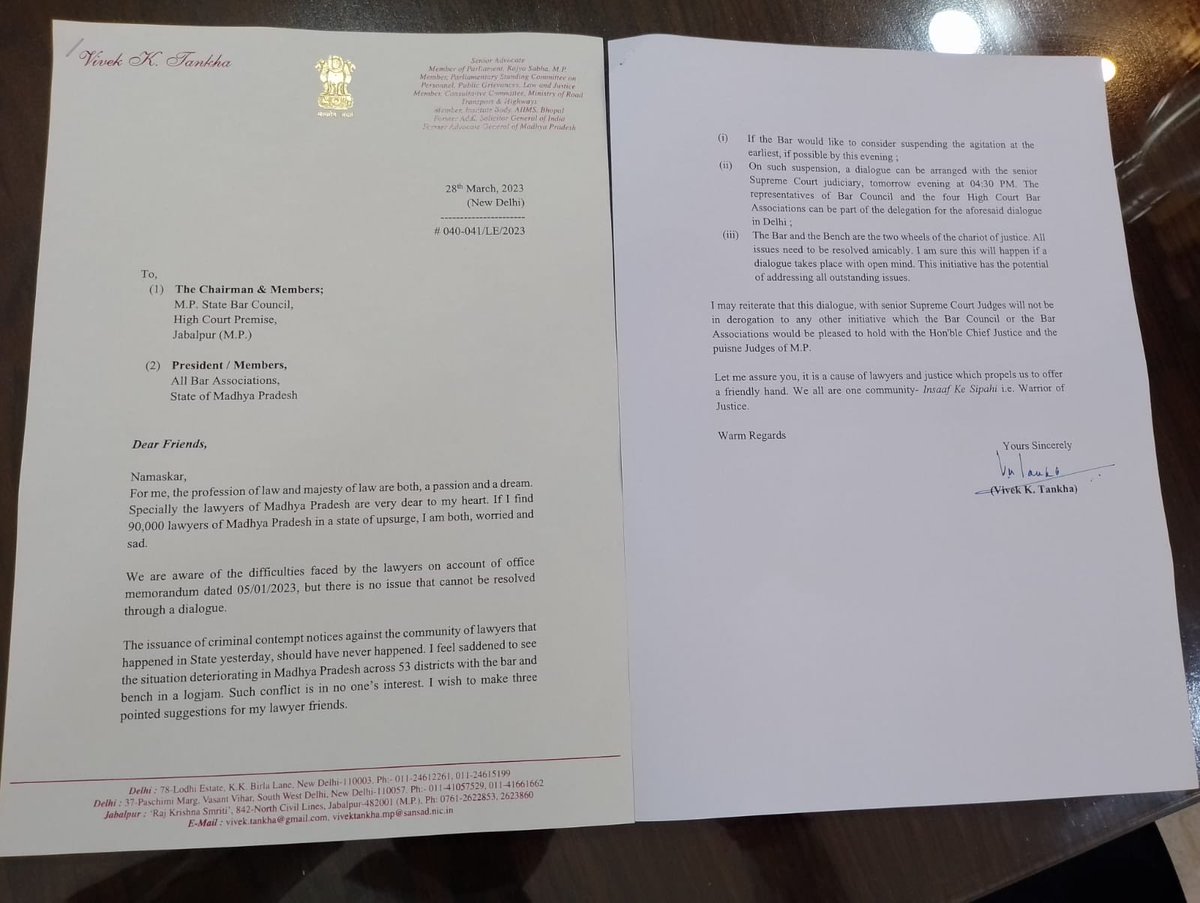 VTankha's tweet image. My appeal to my lawyer friends spread across 53 districts of MP to kindly consider my three point suggestions to resolve the Bar &amp;amp; Bench lockjaw. There is nothing in this world that can’t be resolved if we all all so wish !! The bench &amp;amp; bar are 4 wheels of the chariot of Justice.
