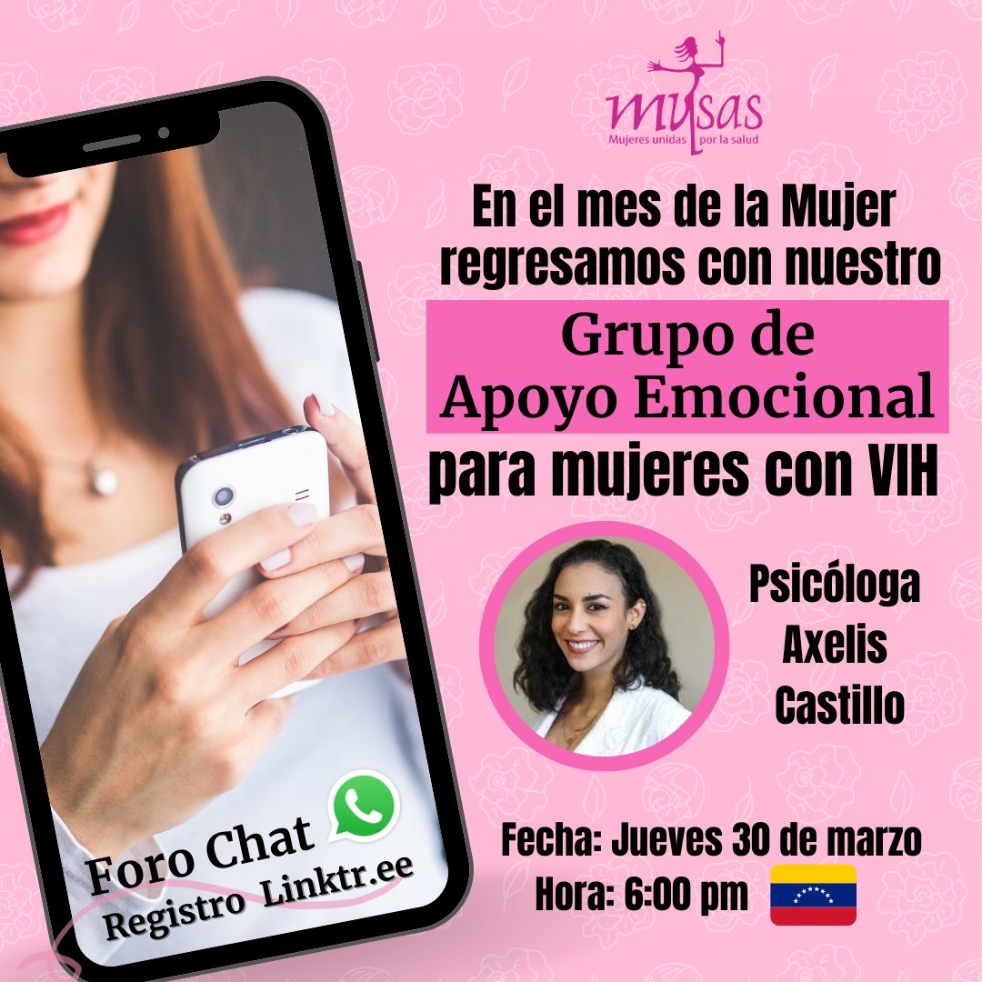 MusasVenezuela's tweet photo. En el Mes de la  Mujer,  la organización Mujeres Unidas por la Salud (MUSAS) reactiva  el  Grupo de Apoyo Emocional para apoyar a mujeres con VIH, bajo la modalidad Foro Chat, vía WhatsApp. La  actividad es CONFIDENCIAL. Registro en 
https://t.co/JuLoiPAIGN

#MujeresconVIH #VIH https://t.co/kqoepFiam4
