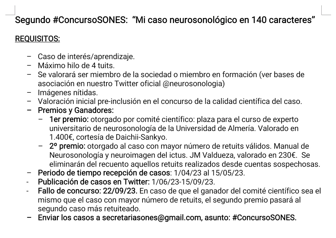 neurosonologia's tweet photo. 🚨📢 ¡Segundo #ConcursoSONES! Os dejamos las bases para participar en nuestro segundo concurso SONES. Esperamos vuestros casos!! Fecha de envío: hasta el 15/05/23.📆📆🚨📢👇🧐 https://t.co/Bvkb4BeMh9