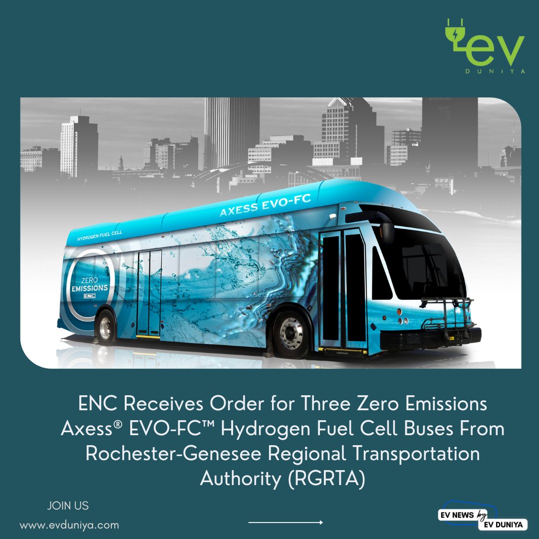 EVduniya's tweet photo. ENC Receives Order for Three Zero Emissions Axess® EVO-FC™ Hydrogen Fuel Cell Buses From Rochester-Genesee Regional Transportation Authority

For latest news and updates related to EV industry visit our website https://t.co/QrKAa7hO0g

#evbuses #electricvehicles #zeroemissions https://t.co/chmgcuTPDp