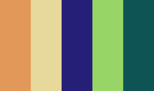 palette_gen's tweet photo. Gorgon 
 #e29858 #e7d99b #261f78 #97d566 #0e5454 https://t.co/oYchaLc4Xh