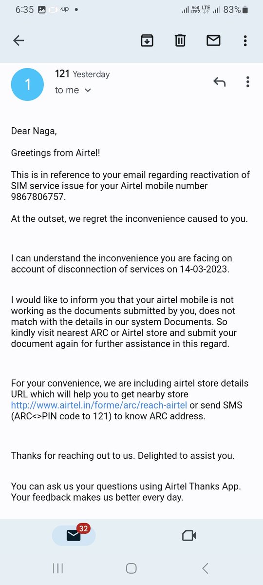 nagaart's tweet image. @Airtel_Presence @airtelnews @airtelindia after the below email from 121 my mobile no still not got activated the Miraroad, Golden Nest ARC STORE. #SavemyMobileno #pathatic #arrogance #nonresponsiveservice #scriptedteam #JUSTIN