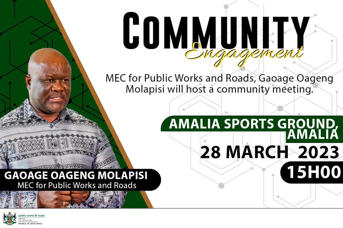 GambuGambu's tweet photo. This afternoon, @nwpublicworks @MECMolapisi  will host a community meeting at 15h00, Amalia Sports Ground, Amalia. The meeting will provide more details on the Road Project P 23/3 between Amalia and Myra https://t.co/CYOrWNKR7k