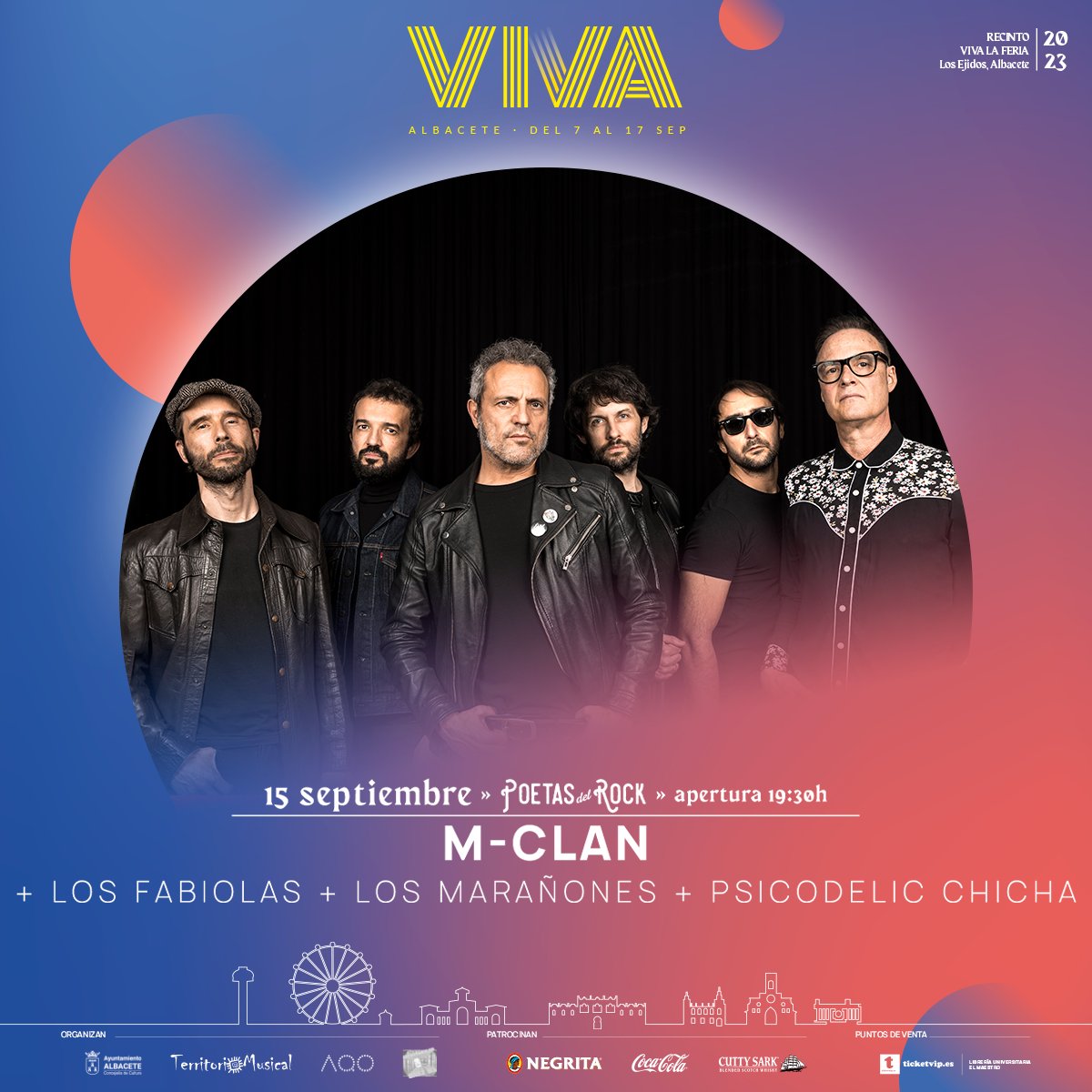 Festival <a href="/poetasdelrock1/">poetasdelrock</a> en <a href="/VivaLaFeriaAB/">Viva La Feria AB</a> 2023🎸💛 
<a href="/MClanRock/">M Clan</a> + #Losfabiolas + <a href="/losmaranones/">Los Marañones</a> + #PsicodelicChicha
Viernes 15 sept_2023
Recinto Viva (Feria de Albacete)
Apertura recinto a partir de las 19.30h
👉 Entradas ya a la venta en:
ticketvip.es/evento-entrada…