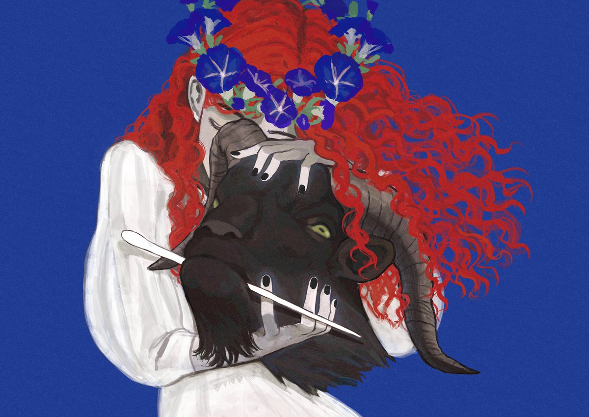 1girl flower blue background horns simple background red hair blue flower  illustration images