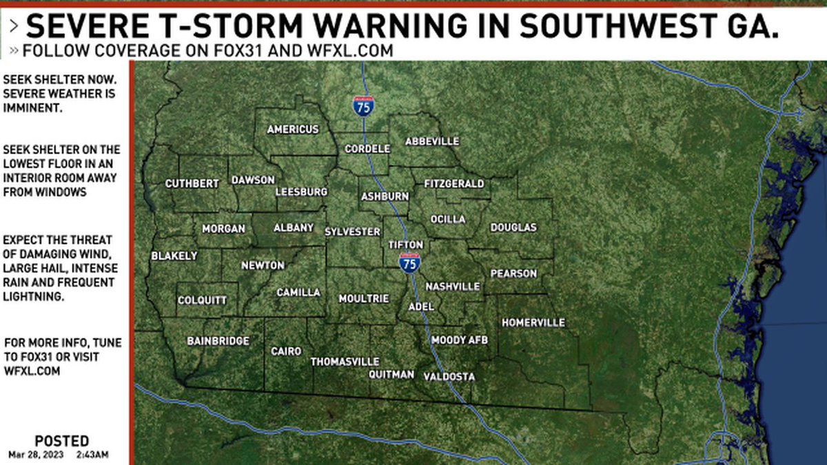 A new SEVERE THUNDERSTORM WARNING has been issued for southwest Georgia. Follow FOX31 News on-air and online for updates. #gawx #swga #gawxcond