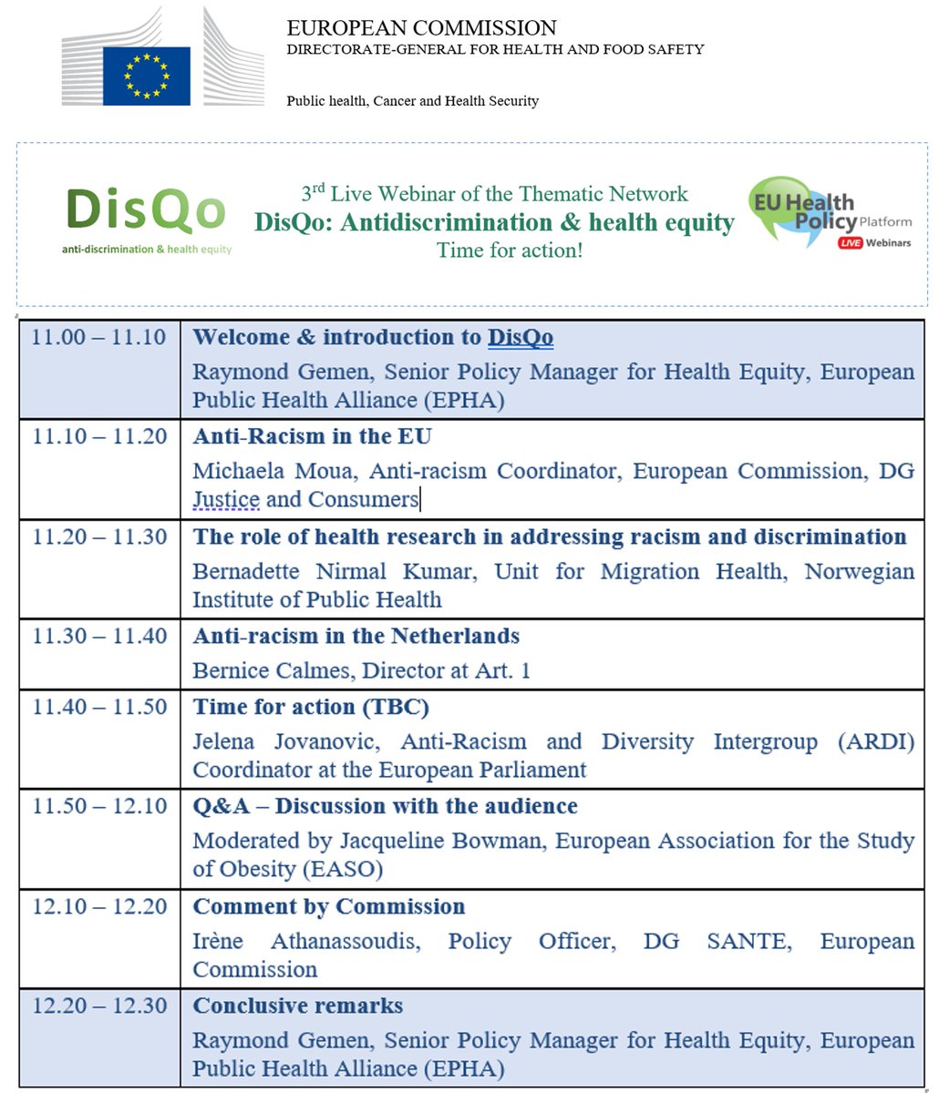 🚨It is TIME FOR ACTION!🚨

#DisQo's 3rd webinar this Thursday discusses the concrete actions we can take to address #racism &amp; #discrimination for #HealthEquity
 
👉Agenda &amp; registration: health.ec.europa.eu/events/3rd-liv…