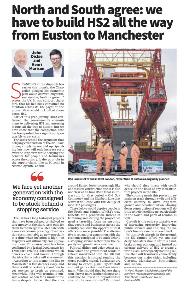 BusinessLDN (@_BusinessLDN) on Twitter photo 2023-03-28 06:42:31 📰 ✍️Our Chief Exec John Dickie and @henrimurison in today’s @CityAM These delays will deprive people in the North and London of HS2’s true benefits for a generation. @NP_Partnership 📰 ✍️Our Chief Exec John Dickie and @henrimurison in today’s @CityAM These delays will deprive people in the North and London of HS2’s true benefits for a generation. @NP_Partnership