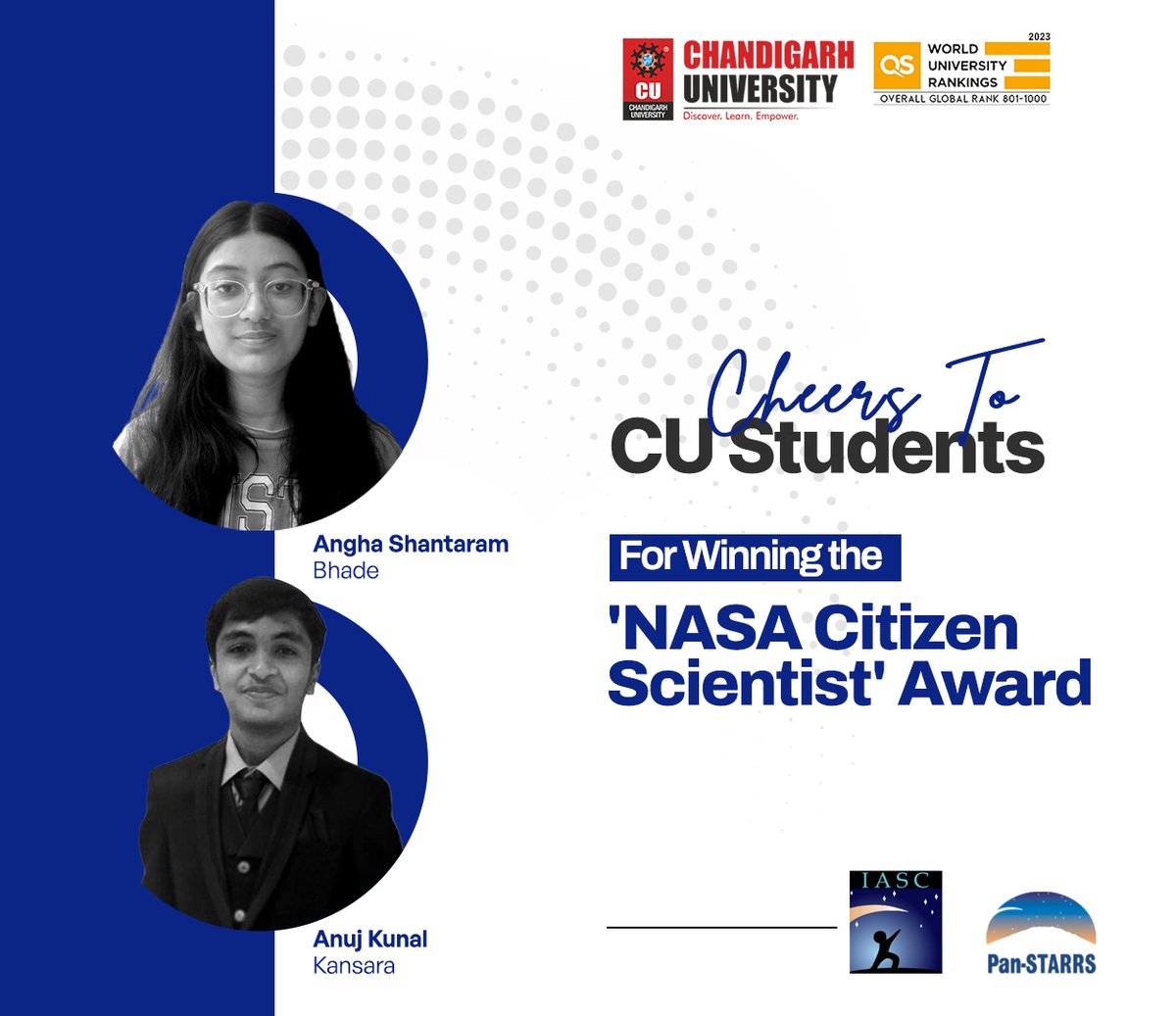 Chandigarh_uni's tweet photo. We are overjoyed to share that two of our radiant #Aerospace_Engineering students, Anuj Kunal Kansara and Angha Shantaram Bhade, have won the '@NASA Citizen Scientist' award by participating in the campaign for the observations of near-Earth objects and Main Belt asteroids. https://t.co/ruFHghN8z1