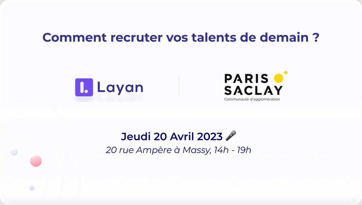 LayanSoftware's tweet photo. Nous allons participer à l’évènement RH “ Comment recruter vos talents de demain ? “ 

Qui se tiendra à Paris-Saclay, le jeudi 20 avril.

Pour l’occasion, nous avons été invités à animer une conférence sur le recrutement de demain.

Encore, un grand merci  aux organisateurs ! https://t.co/PRrNwDsp2Q