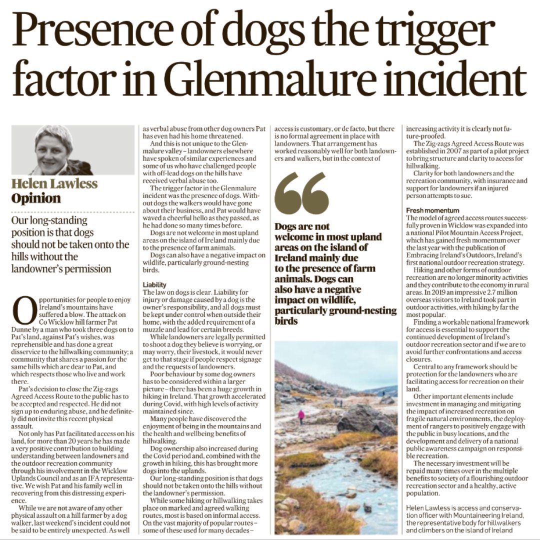 Article in today's Irish Times by our Access and Conservation Officer, Helen Lawless, in response to the access closure on the Zig-Zags trail in the Glenmalure Valley. 

You can read the article here: irishtimes.com/opinion/2023/0…