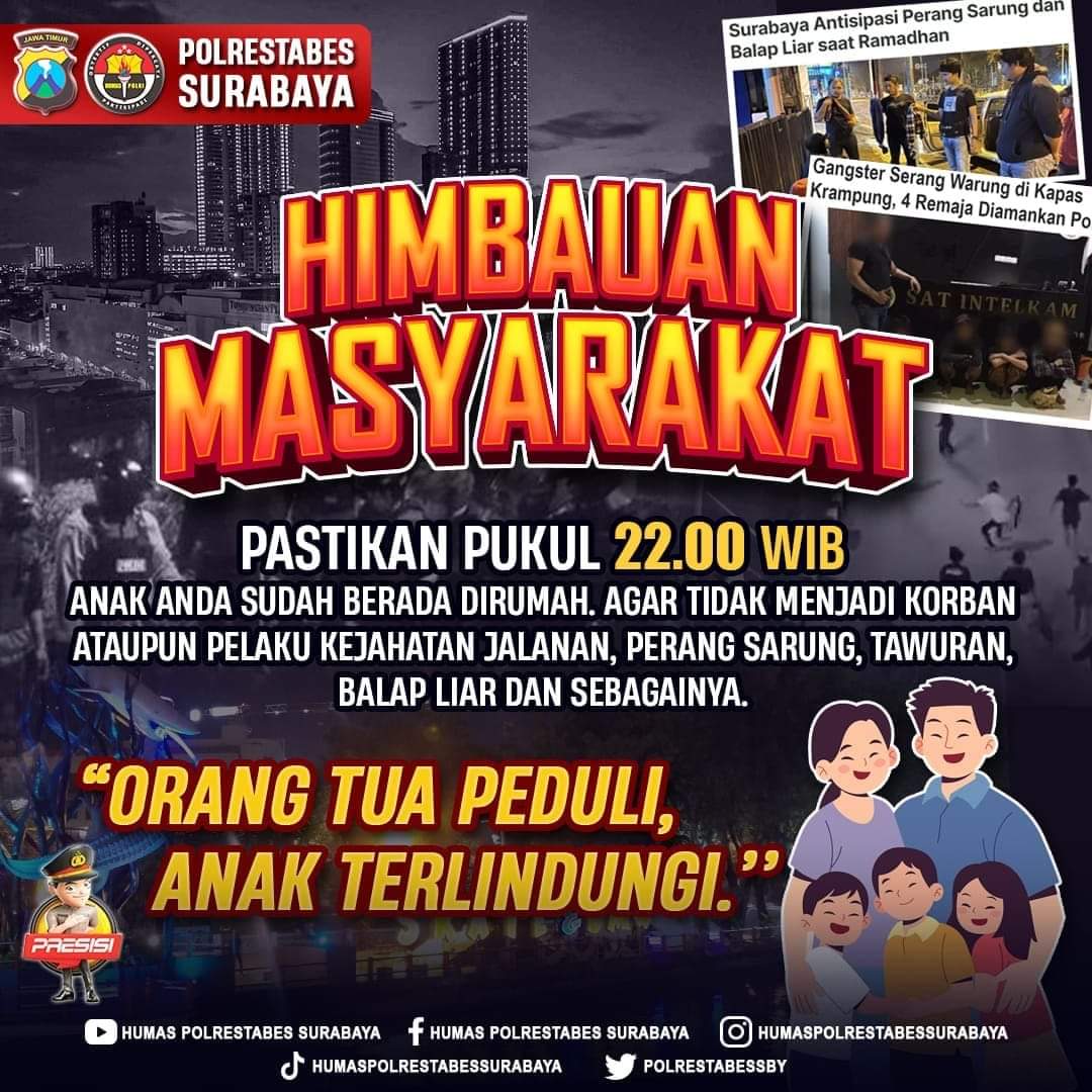 NKRI89159805's tweet photo. "Orang Tua Peduli, Anak Terlindungi."

Pastikan Pukul 22.00 WIB Anak Anda Sudah Berada Dirumah, Agar Tidak Terjadi Korban ataupun Pelaku Kejahatan Jalanan, Perang Sarung, Tawuran, Balap Liar dan Sebagainya.

#JogoSuroboyo https://t.co/f7QBtYoFc2