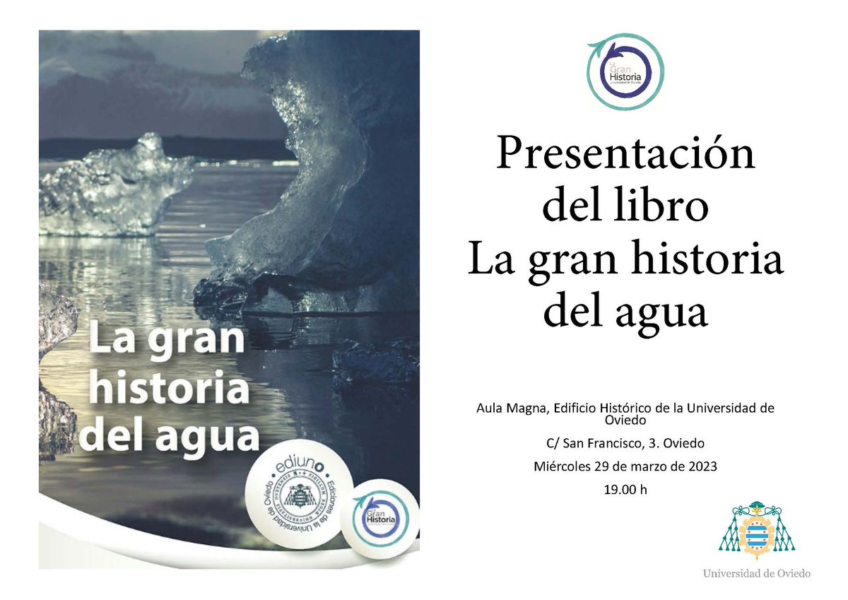 Mañana se presenta el libro 'La gran historia del agua' de Olga García Moreno (@Olgagamo) y Armando Menéndez Viso, a las 19 horas en el Aula Magna del Edificio Histórico.