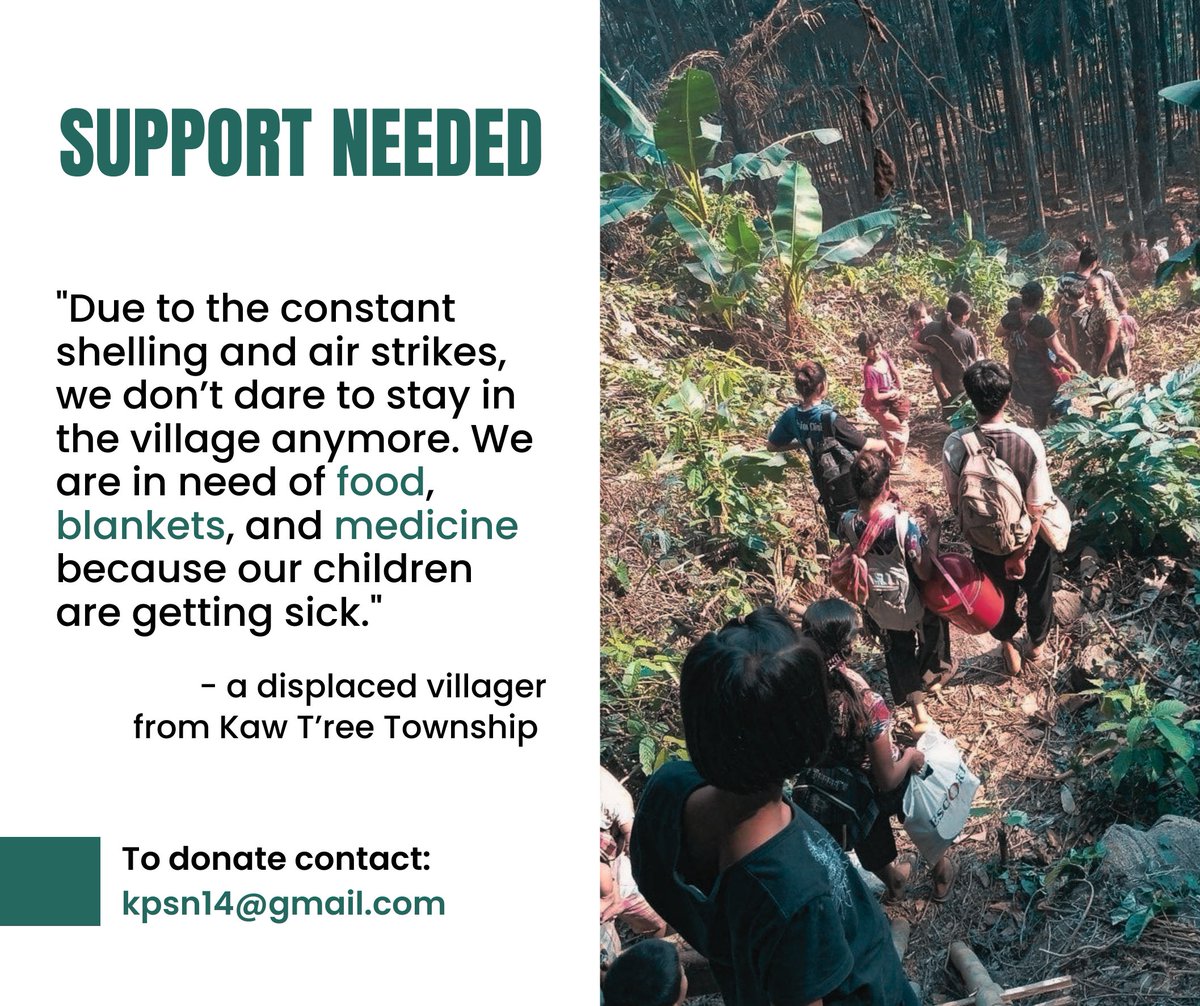 khrg's tweet photo. 🗣️Thousands of villagers have been displaced due to the fighting between SAC and KNLA on 24th March in Kru Tu Township, Dooplaya District, which spread into Kaw T’ree and Ra M’tee area. One villager died and several were injured.

📥To support displaced villagers contact @KPSN19. https://t.co/OGmlcunJKV