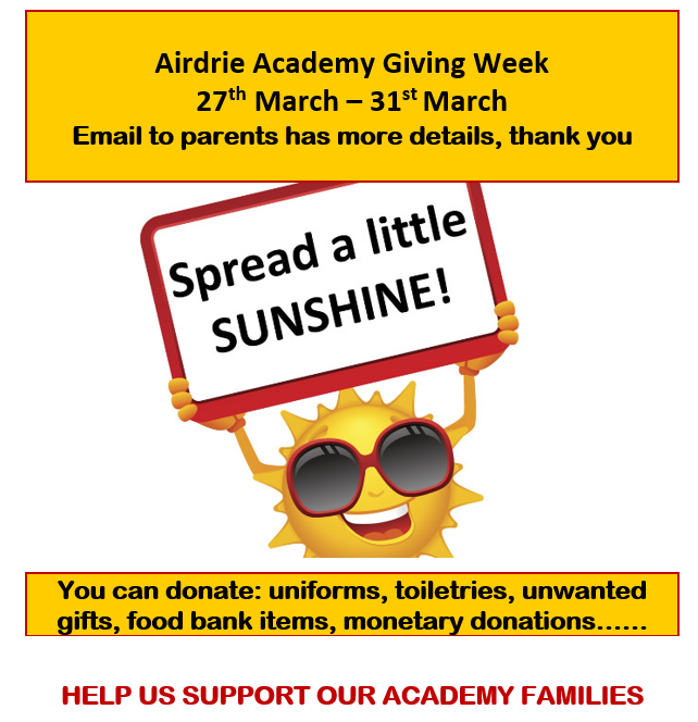AirdrieAcadFam's tweet photo. This week at @AirdrieAcademy is 'Giving Week'!
You can make donations every day this week which will help us support Airdrie families. Details below of the different items you can donate. https://t.co/a8hZzrVzhy