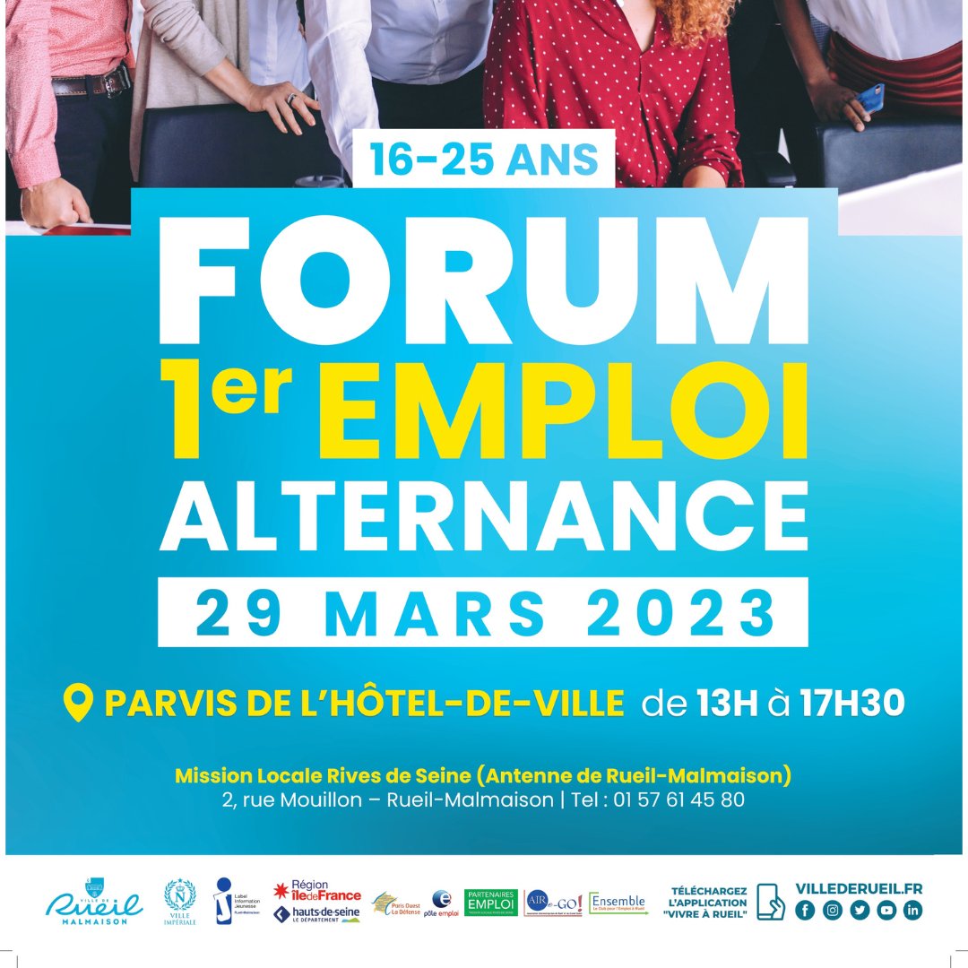 MLRivesdeSeine's tweet photo. J-1 avant le Forum 1er emploi et alternance organisé en partenariat avec la @villederueil 
CFA, entreprises seront présentes dont entre autres : ARVAL, RATP, BNP PARIBAS, EIFFAGE, Danone...
📅 29 Mars de 13h à 17h30
Parvis de l’Hôtel de Ville à Rueil
https://t.co/DHxXAPYwE0 https://t.co/OrMFXT3t55