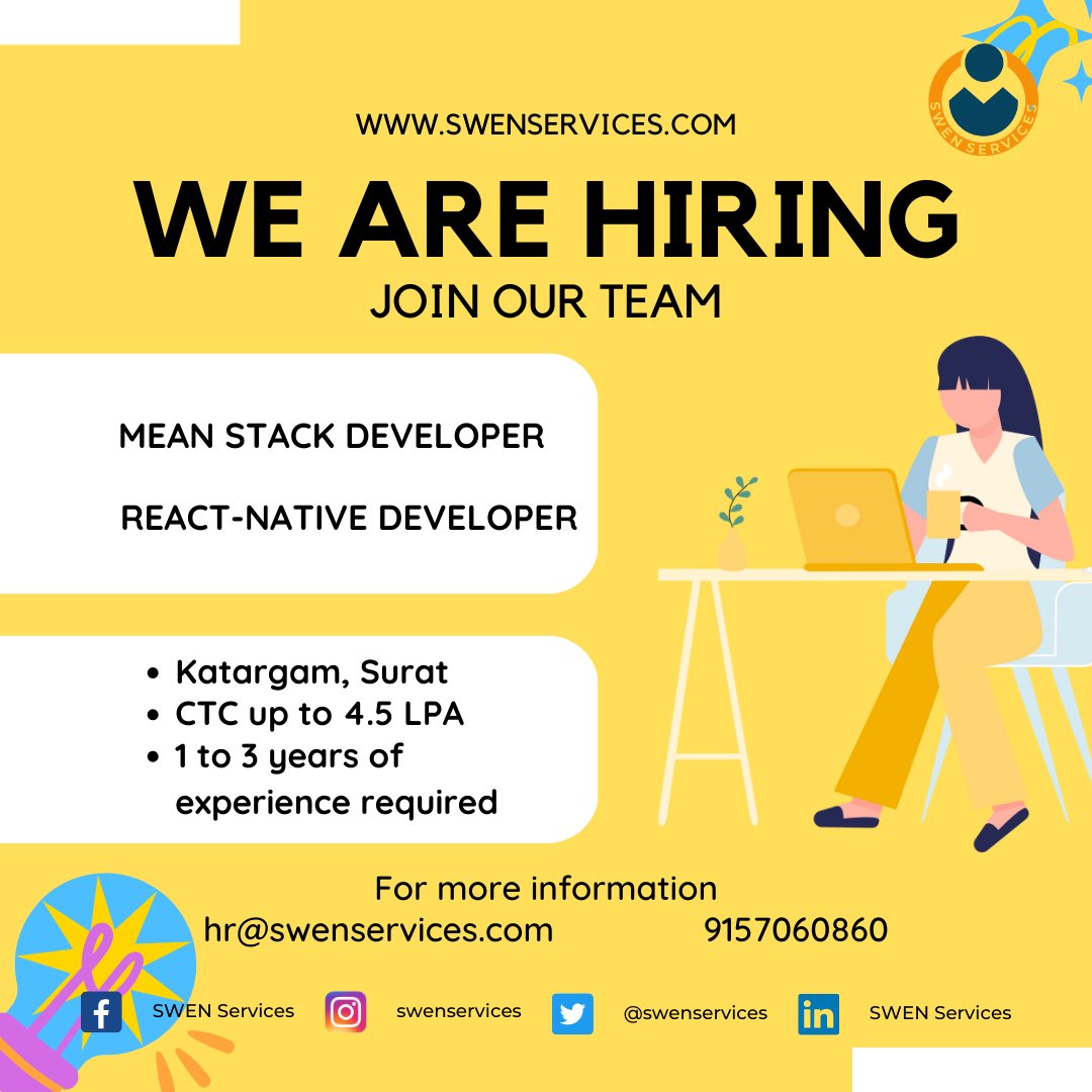 Swenservices's tweet image. #hiringimmediately
#meanstackdeveloper #reactnativedeveloper
Here we are hiring for Surat's best IT compa
Location :: Katargam, Surat.
CTC :: Up to 4.5 LPA + Other benefits
Experience :: 1 to 3 years of experience in the same field
Call or share your cv on 9157060860.