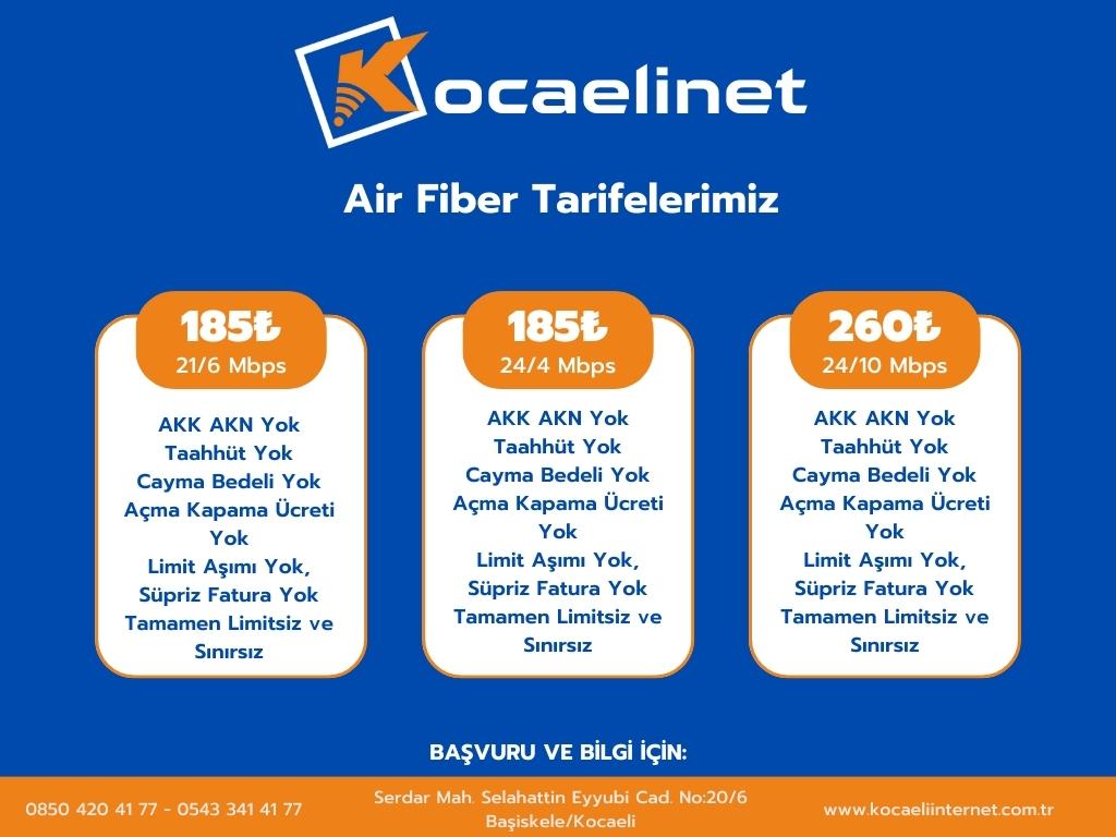 Air Fiber Tarifelerimiz... 👇

#sınırsız #limitsiz #kotasız #fiber #internet #adsl #vdsl #airfiber #kocaelinet #kocaeliinternet #yalova #ankara #kocaeli #metrointernet #yalovainternet #ankarainternet #fiberinternet #sınırsızinternet #limitsizinternet #kotasızinternet #altyapısız