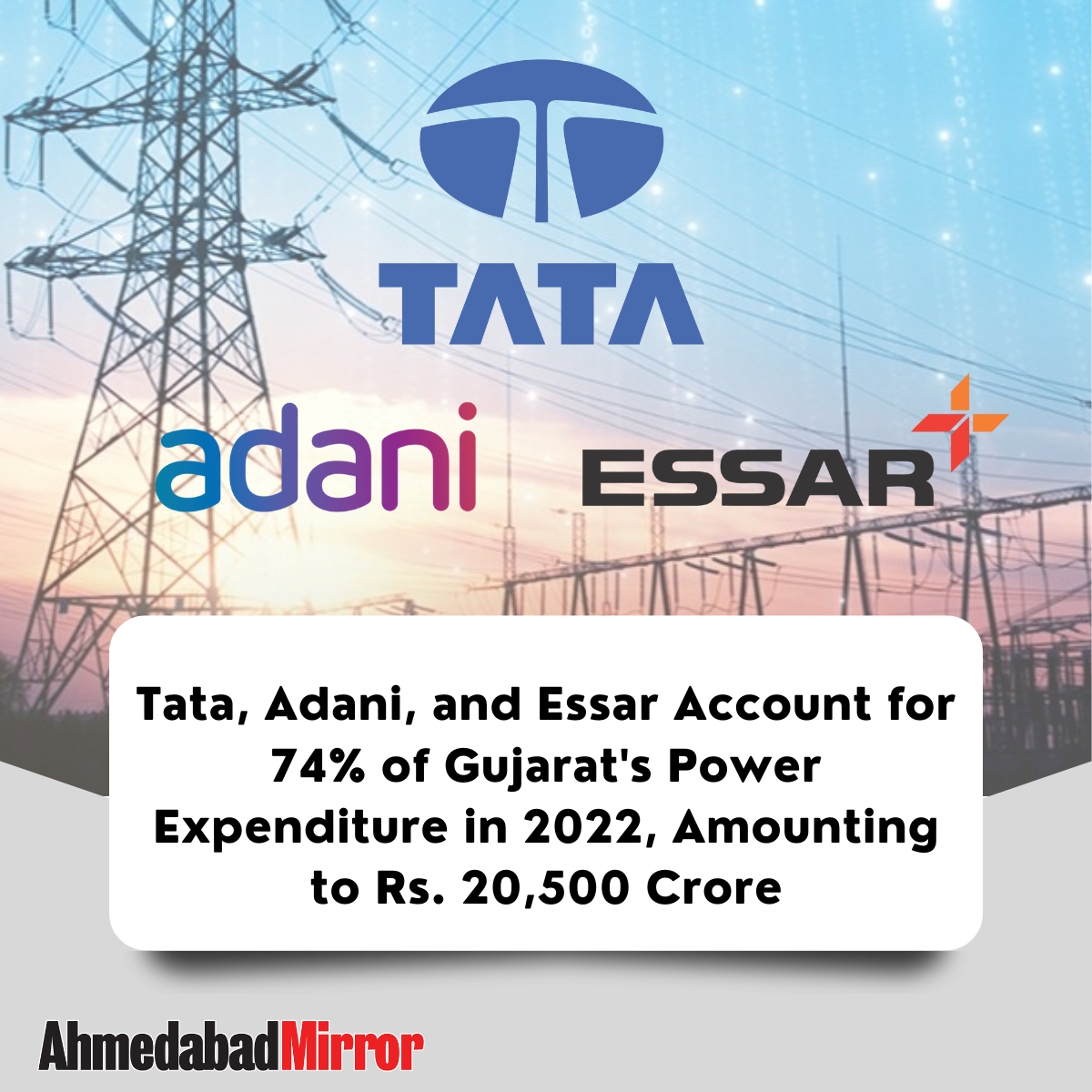 ahmedabadmirror's tweet photo. Tata, Adani, and Essar Account for 74% of Gujarat's Power Expenditure in 2022, Amounting to Rs. 20,500 Crore

#electricity #Tata #Adani #Essar #GujaratPower #averagecost #subsidiaries #TataPower #newspaper #englishnewspaper #ahmedabad #gujarat #india #trending #facebook https://t.co/FLFWJWKghJ