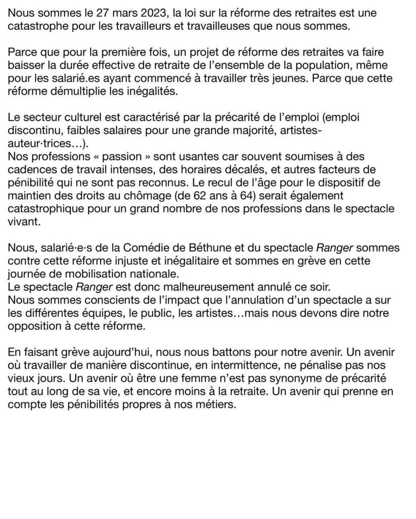 ✱ MOBILISATION ✱
 
Pour cette nouvelle journée de mobilisation contre la réforme des retraites, les équipes de la Comédie de Béthune et du spectacle Ranger seront en grève.
La représentation est donc annulée le mardi 28 mars.
Les personnes ayant déjà… instagr.am/p/CqUpWjTI9Nh/