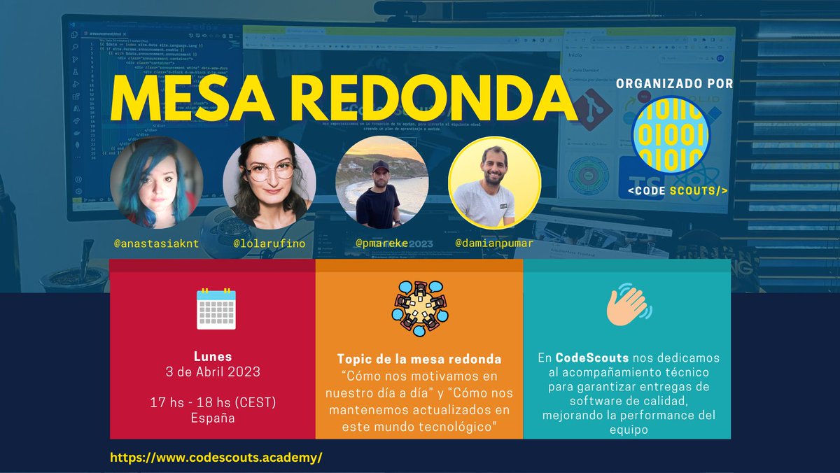 DamianPumar's tweet photo. Tenemos la primera mesa redonda 🚀

Esteramos conversando con @AnastasiaKnt, @lolarufino y @pmareke acerca de ¿Cómo se mantienen actualizadas/os técnicamente en el mundo del software?

📅 Lunes 3 de abril 17 hs España
 🗣️Lo transmitiremos por Twitter.

Te esperamos 👋 https://t.co/uxd27QzXDM