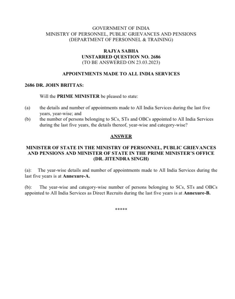 JohnBrittas's tweet photo. Alarming OBC &amp; SC/ST representation rates of 15.92%, 7.65% &amp; 3.80% respectively in All India Services appointments over past 5 years, despite constituting 3/4 of the population. Such underrepresentation is a clear sign of systemic discrimination! Remedial actions are imperative. https://t.co/DJEtw5MCVD