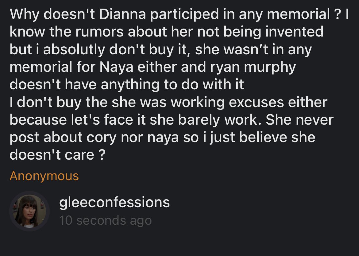gleecnfss's tweet photo. dianna was invited to the tribute episode but wasn’t able to make it due to scheduling conflicts. she was at the priv memorial dedicated to cory for the cast that lea organized. i have no info about the gathering for naya when it comes to naya. https://t.co/AF1LhALrT9