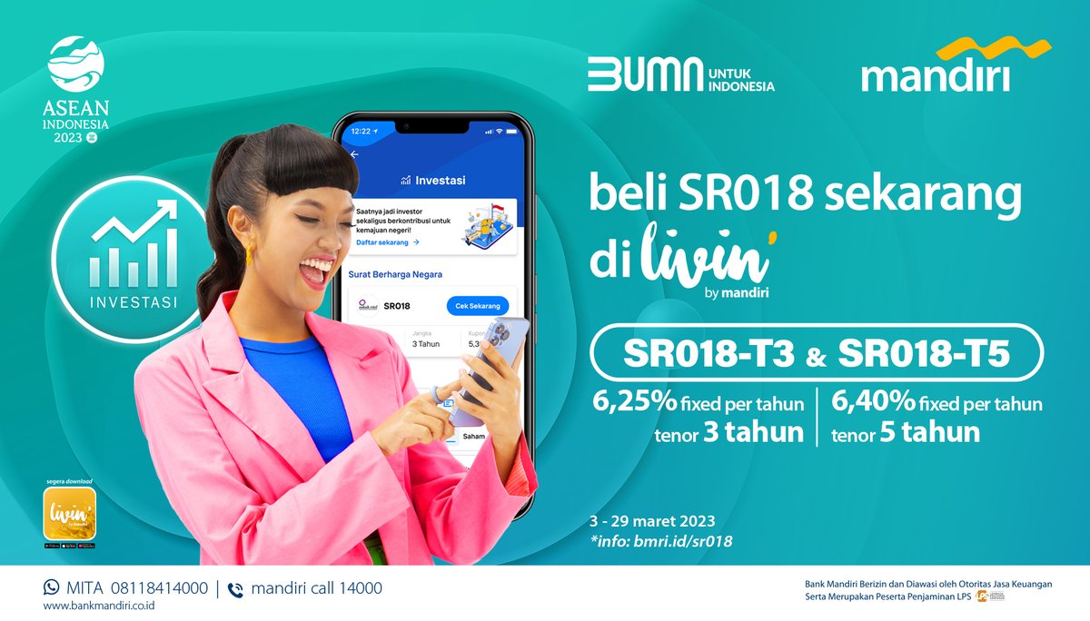 bankmandiri's tweet photo. Yuk daftar dan pesan Surat Berharga Negara - SR018 sekarang di Super App Livin’ by Mandiri, Sahabat!

Tinggal tap tap, investasi jadi makin mudah dan cepat lewat satu aplikasi. Cek selengkapnya di https://t.co/ruFW3UZVNW

#LivinInvestasi #DoItSmartDoItNow https://t.co/vKIozv3Xdu