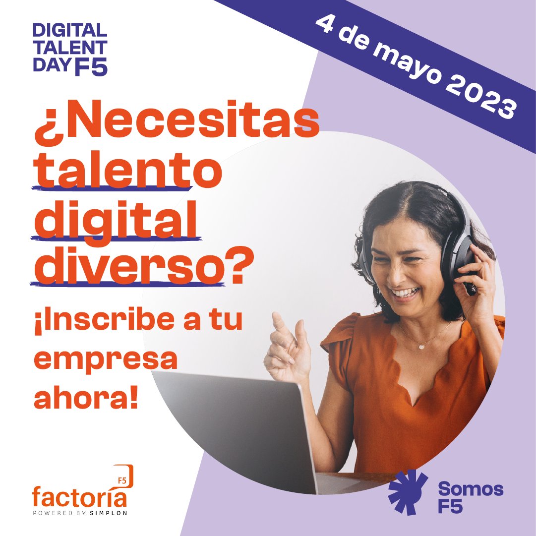 FactoriaF5's tweet photo. 📢Atención empresas, ¡llega el #DigitalTalentDay con + de 180 coders (70%👩💻♀️)!
Conoce perfiles diversos de desarrolladorxs web #fullstack en el evento nacional de speed dating online para #empresas #Tech, organizado por @somosf5_, #RedF5 de escuelas.
📋👉https://t.co/e59UDsShGy https://t.co/MO3MeRJVzt