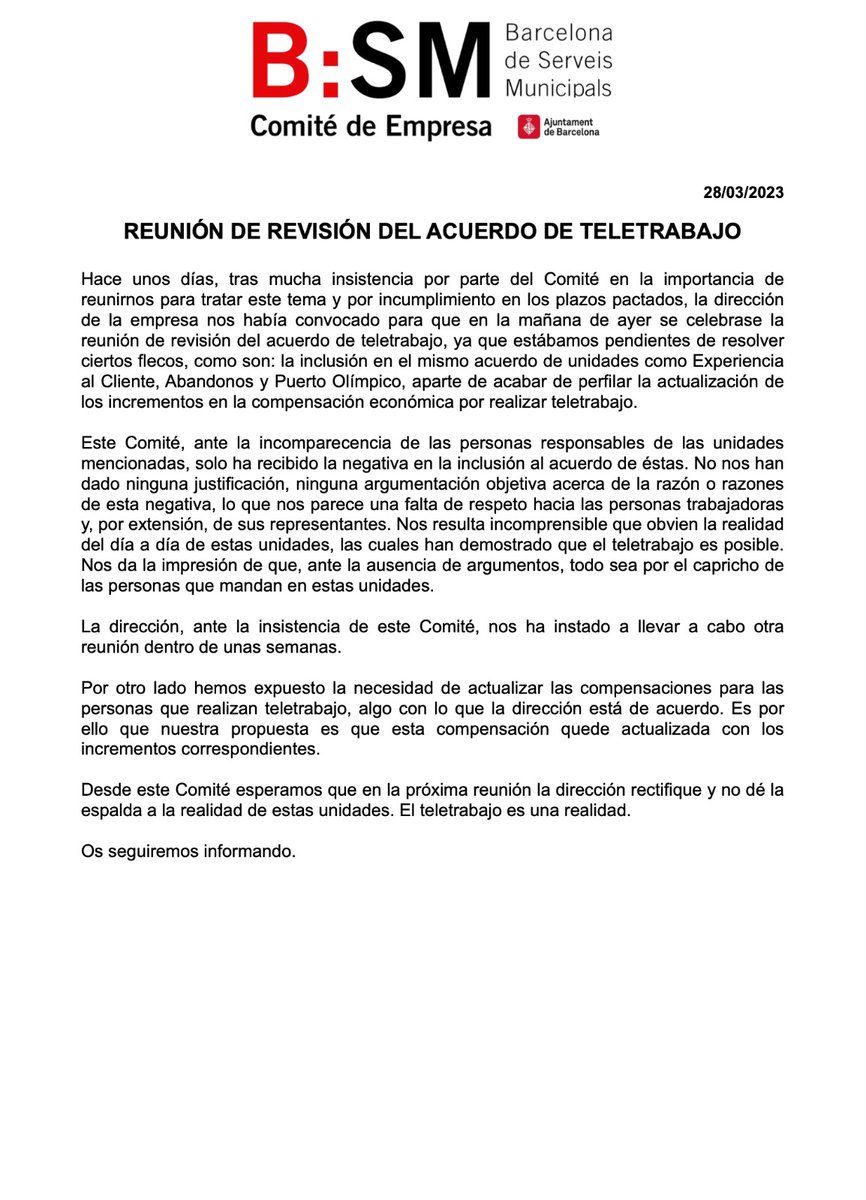 Información de la reunión de revisión del acuerdo de teletrabajo