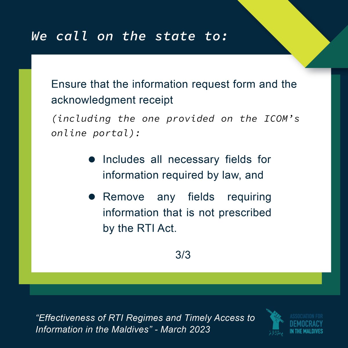 We reviewed the Right to Information Act of the Maldives for our report: Effectiveness of RTI regimes and Timely Access to Information in the Maldives and found that: 
1/5 <a href="/zinmaadhaaru/">Project Zinmaadhaaru</a> <a href="/ICOMmv/">Information Commissioner's Office</a> <a href="/presidencymv/">The President's Office</a> <a href="/AGOmv/">AG Office Maldives</a> <a href="/governmentmv/">Government of Maldives</a> #RTI