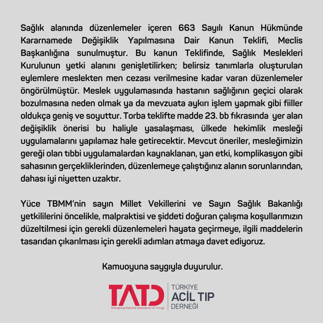TrTATD's tweet photo. Sağlık alanında düzenlemeler içeren 663 Sayılı Kanun Hükmünde Kararnamede Değişiklik Yapılmasına Dair Kanun Teklifi hakkında https://t.co/d5pj6CjPdS