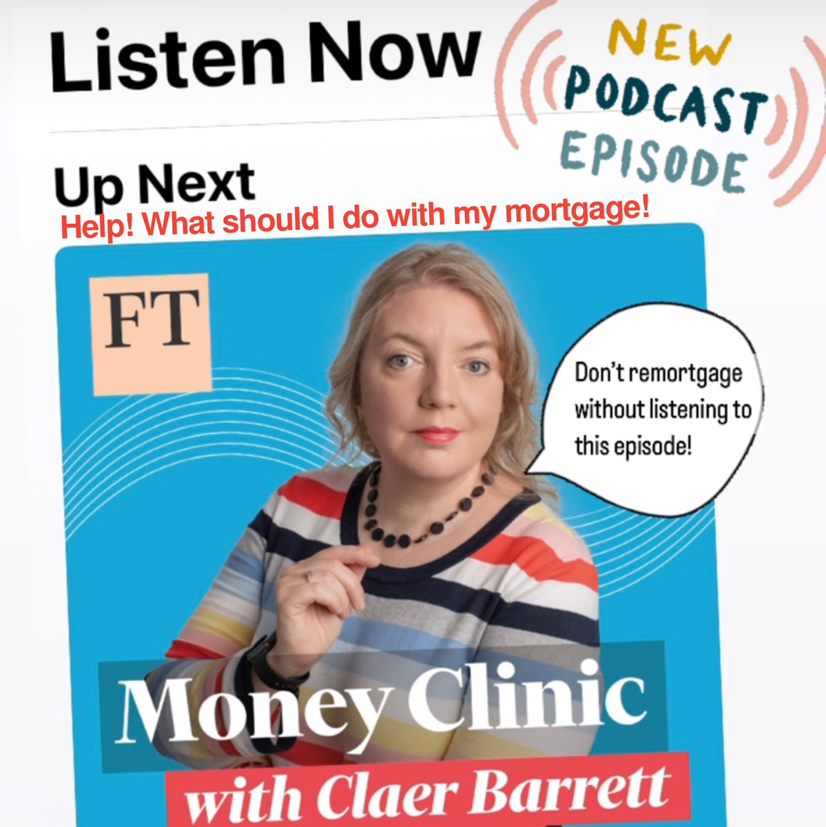Remortgaging? You need to listen to the latest #moneyclinic podcast! Hear the FT’s <a href="/ChrisGiles_/">Chris Giles</a> explain the bigger picture, and why some expect mortgage rates to nudge down further, plus many practical tips from top mortgage broker <a href="/montysblog/">Andrew Montlake</a> 
#property 
podcasts.apple.com/gb/podcast/mon…