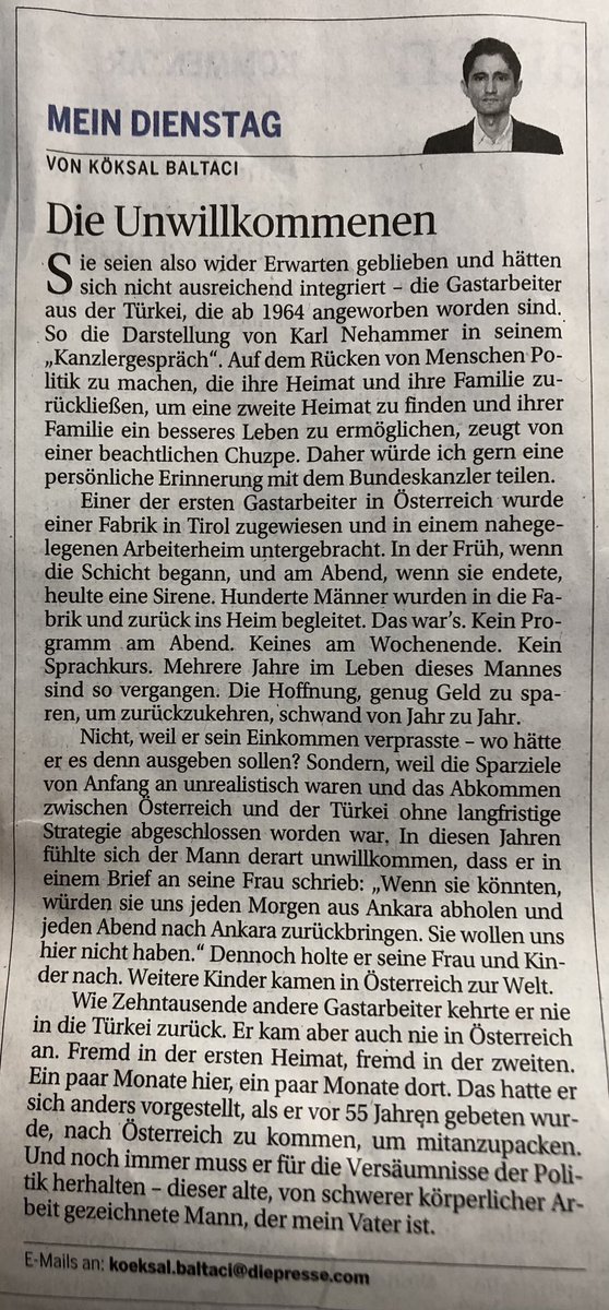 „Fremd in der ersten Heimat, fremd in der Zweiten.“ <a href="/koeksal_baltaci/">Köksal Baltaci</a> über „den alten, von schwerer körperlicher Arbeit gezeichneten Mann, der mein Vater ist“. Adressiert an <a href="/karlnehammer/">Karl Nehammer</a>, aus <a href="/DiePressecom/">Die Presse</a>